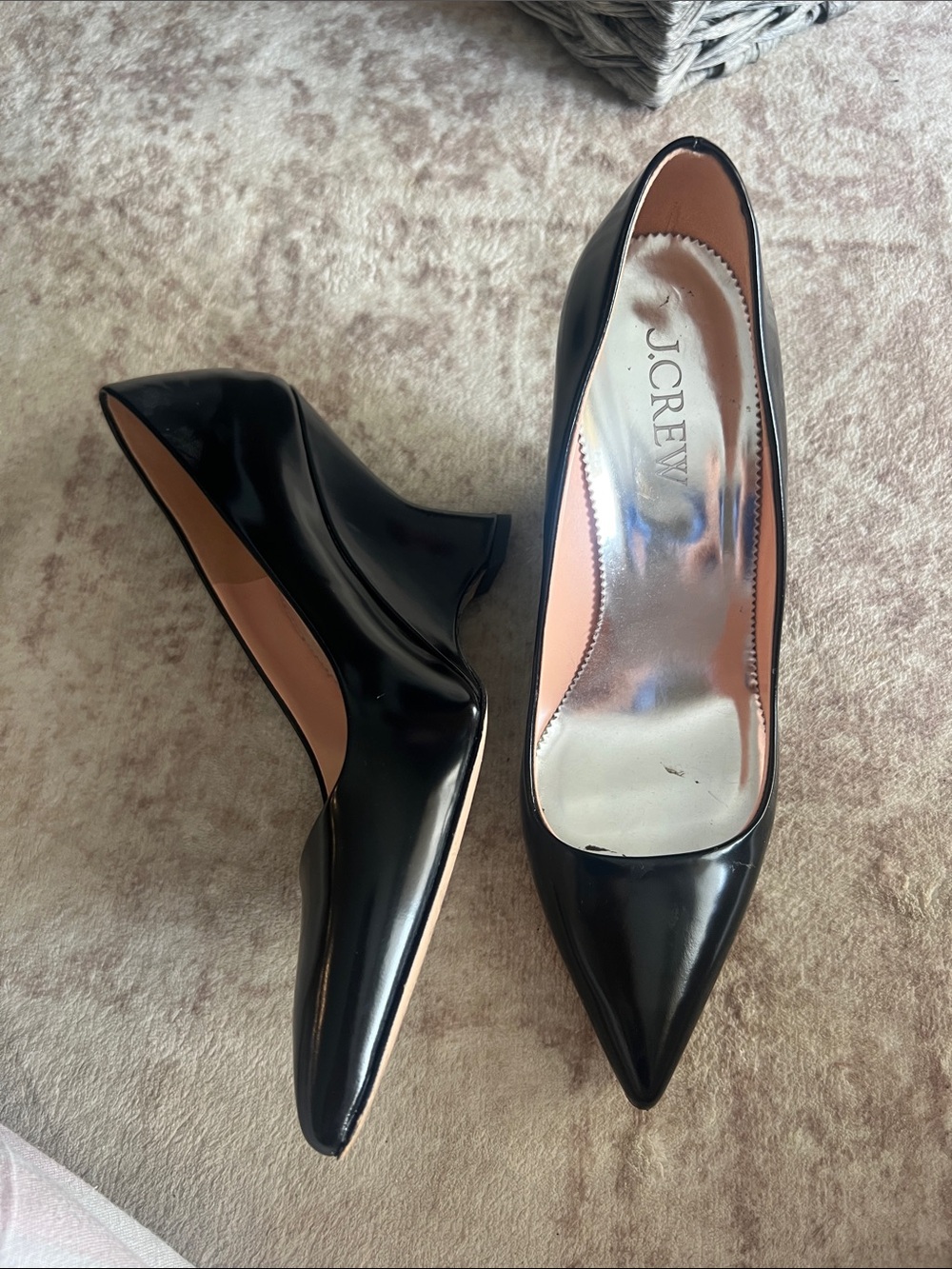 J. Crew Black Patent Pointed Wedge Pumps